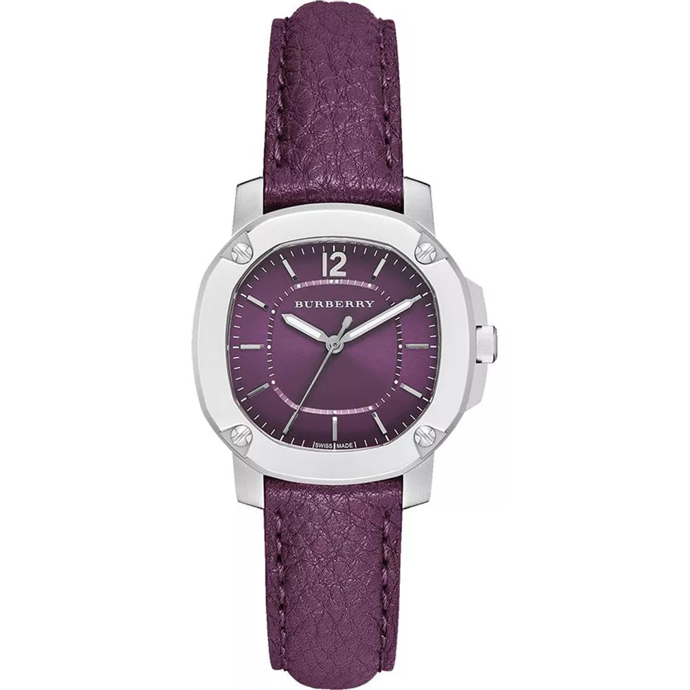 Burberry The Britain watch with maroon sunray dial, silver case, and maroon leather strap