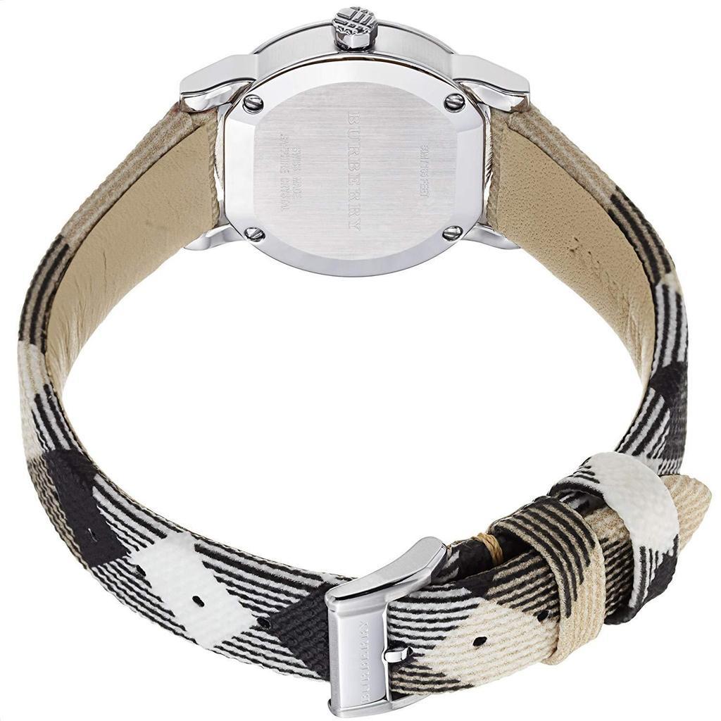 Case back view of Burberry The City watch showing leather Nova Check strap