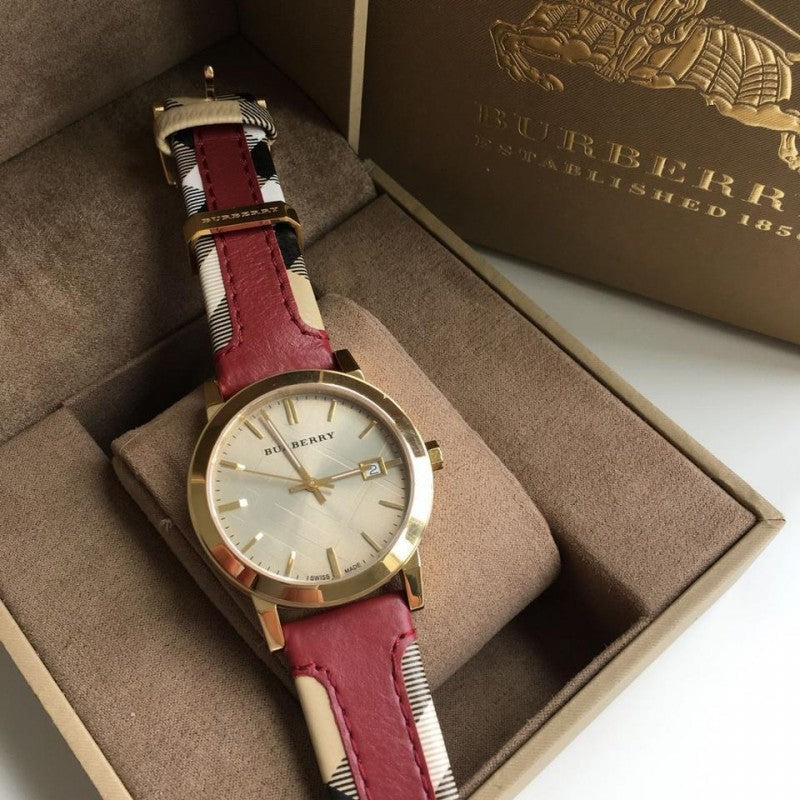 Burberry The City Check Maroon Leather Women’s Watch BU9017 - Watch