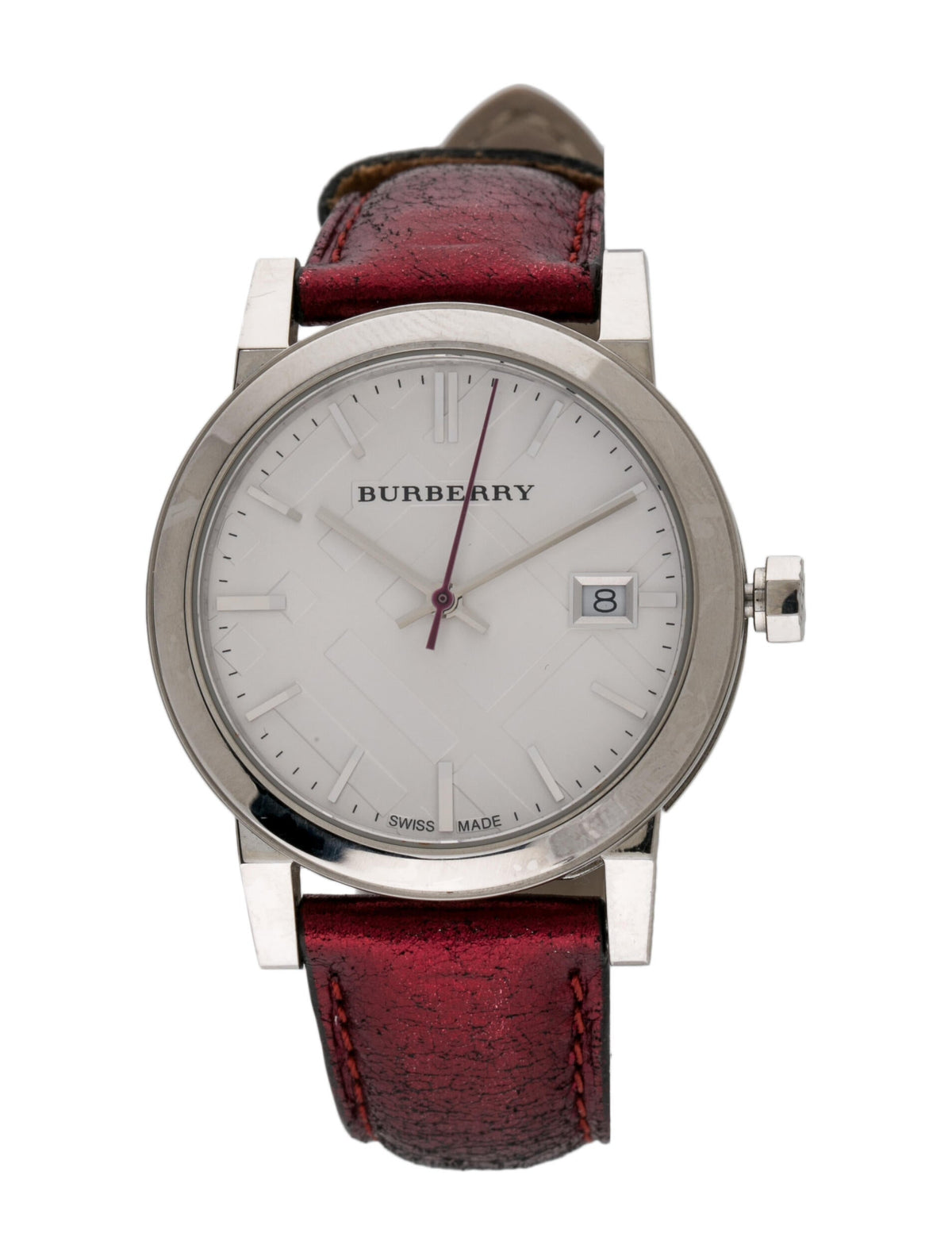 Burberry Ladies City Red Leather Strap Silver Dial Women's Watch BU9123 - The Watches Men & CO