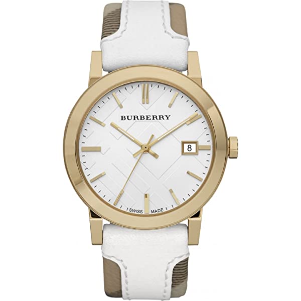 Burberry BU9015 Women's Swiss Heymarket Check Fabric and White Leather Band White Dial Women's Watch BU9015 - The Watches Men & CO