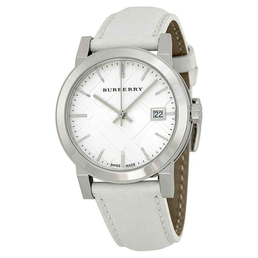 Burberry White Impressed Check Dial White Leather Strap Ladies Watch BU9128
