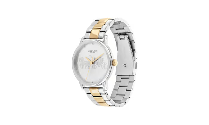 Three-quarter angle view of Coach horse carriage watch on 2-tone bracelet