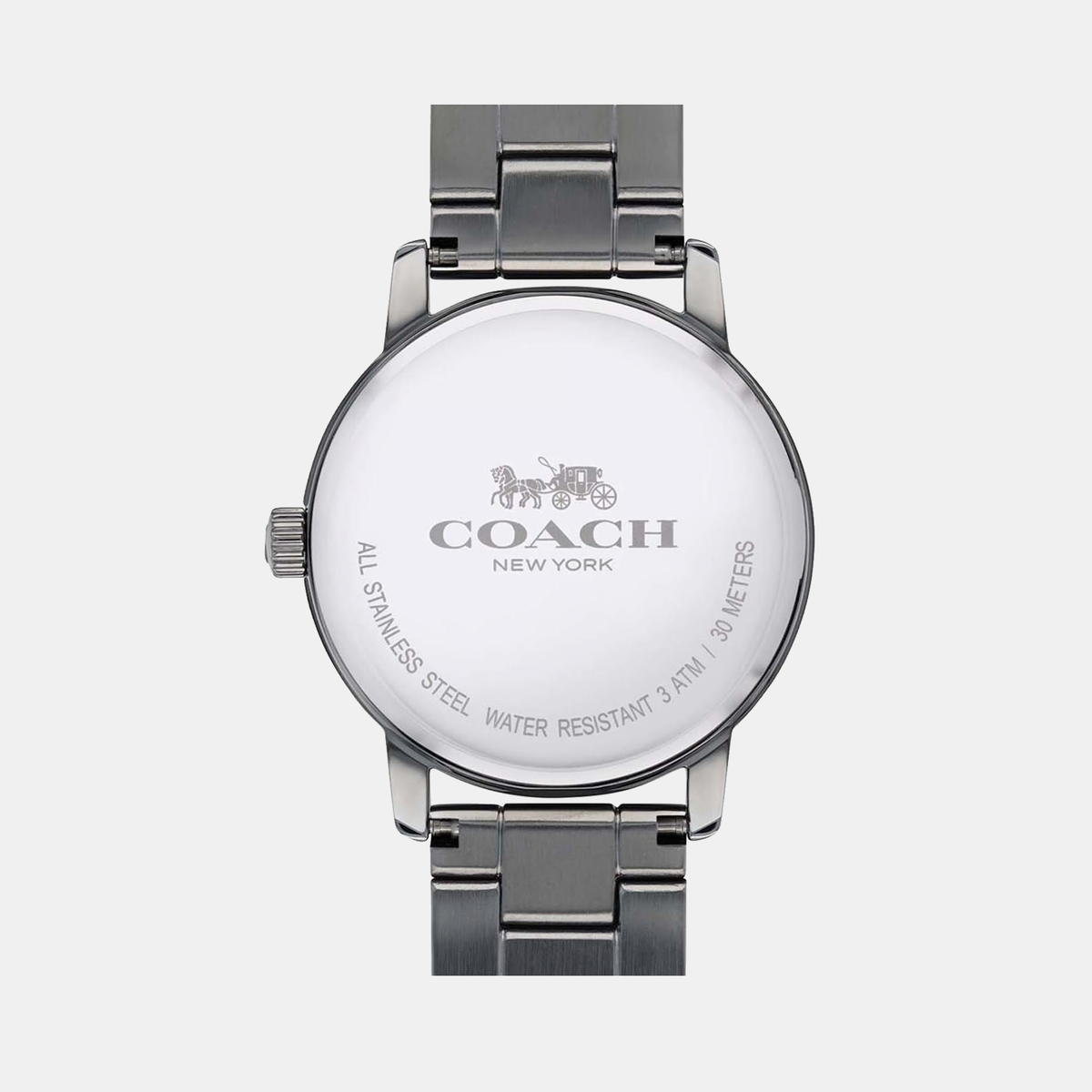 Coach Grand watch caseback showing Coach New York branding and water resistant specifications