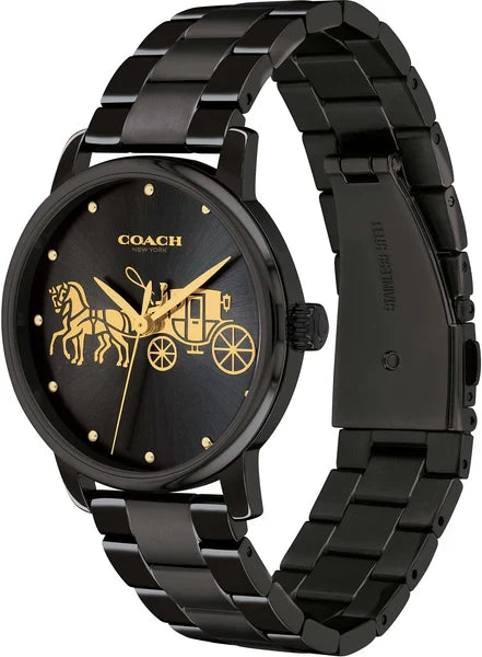 Coach Grand black stainless steel watch with gold indices and link bracelet at angle
