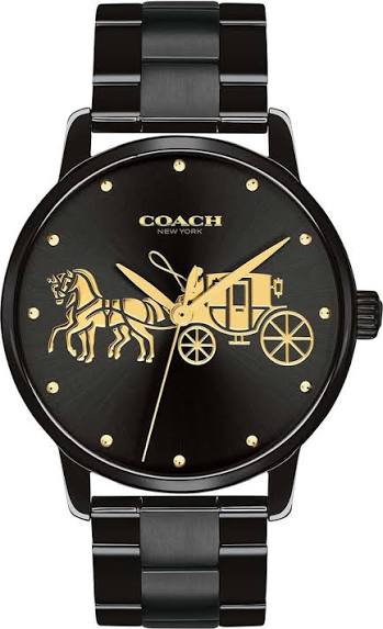 Coach Grand watch with black dial, gold horse carriage design, and stainless steel bracelet