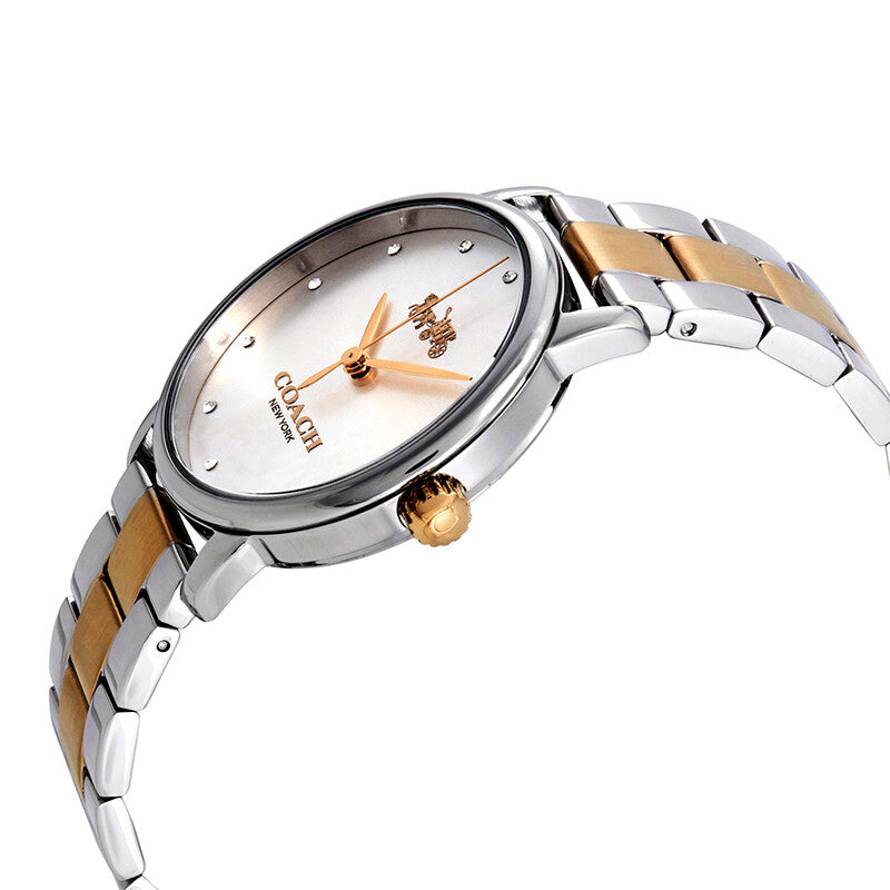Coach Grand women's watch angled view showing two-tone bracelet and silver dial with gold hands