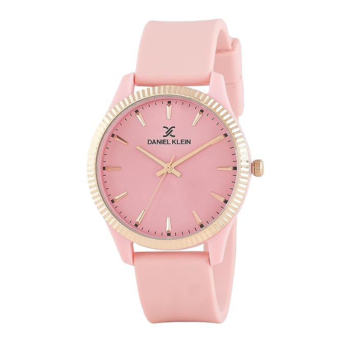 Daniel Klein pink dial watch with gold-tone bezel and pink silicone strap