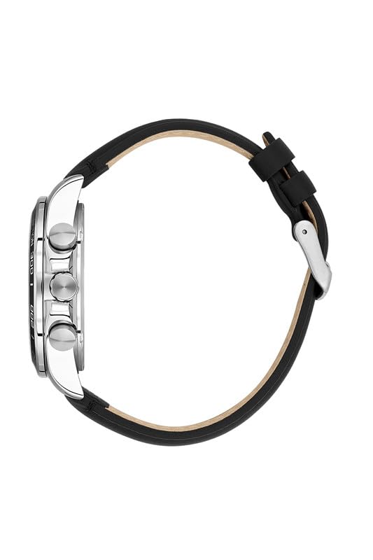 Side view of Daniel Klein watch showing silver case and black leather strap with buckle