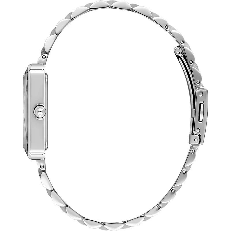 Daniel Klein premium rectangular watch shown side view displaying case and metal bracelet