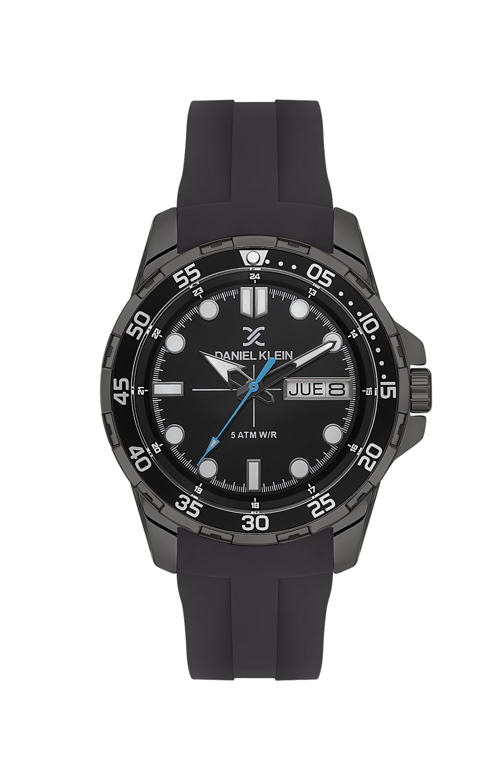 Daniel Klein Premium black dial watch with day-date window and blue hands on silicone strap