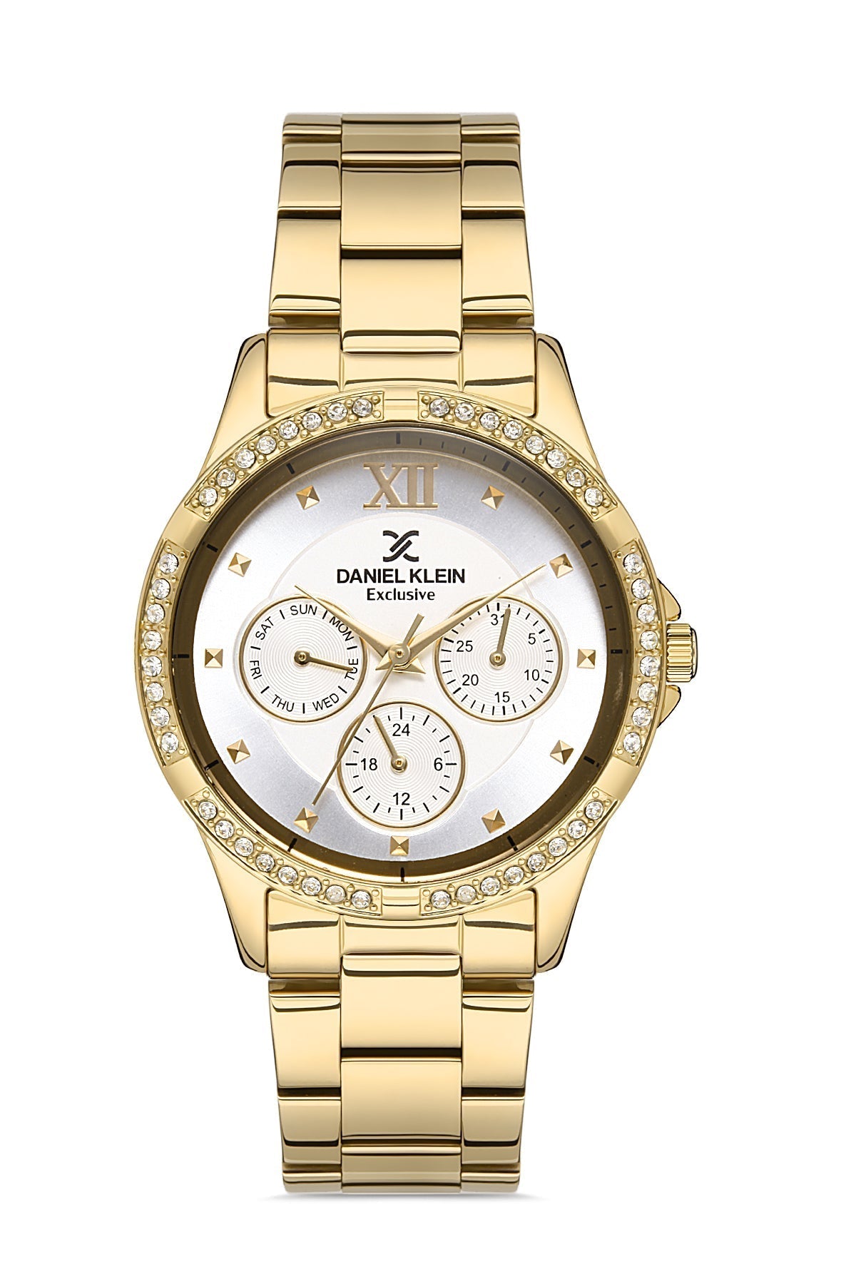 Gold chronograph watch with white dial, three subdials, and crystal-set bezel