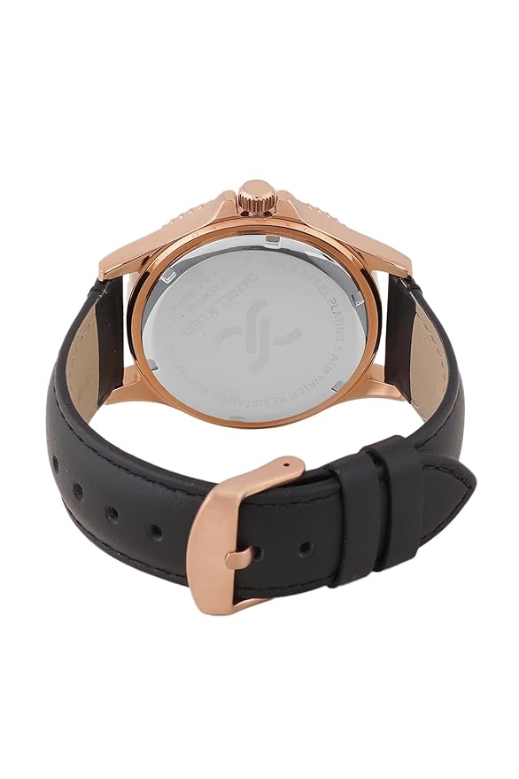 Caseback view of Daniel Klein Premium rose gold watch with black leather strap