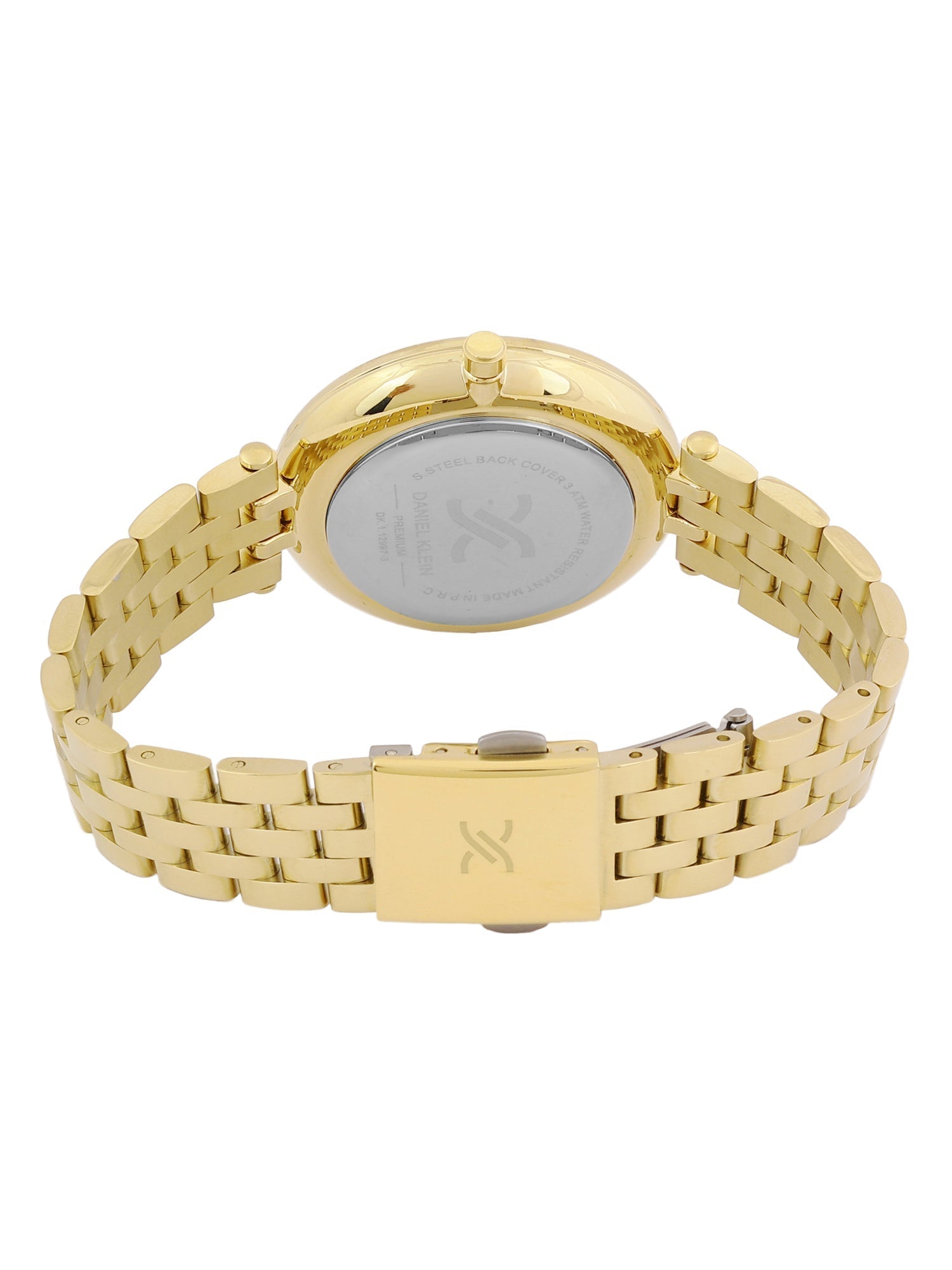 Daniel Klein gold women's watch caseback view showing case back and bracelet clasp