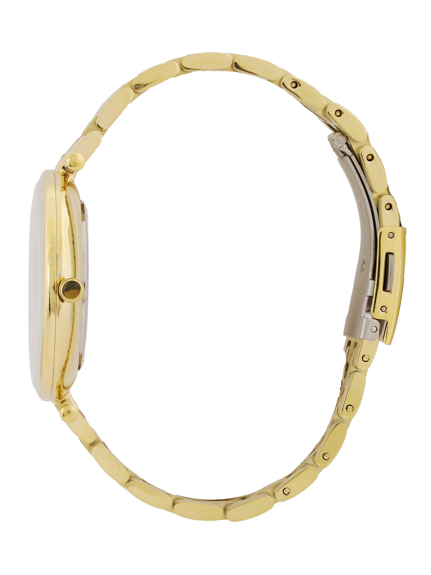 Side profile of Daniel Klein gold women's watch showing slim case and articulated bracelet