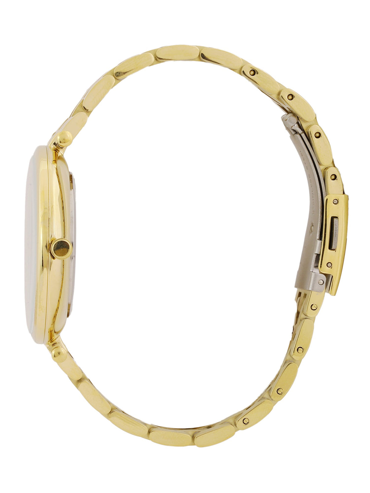 Side profile of Daniel Klein gold women's watch showing slim case and articulated bracelet