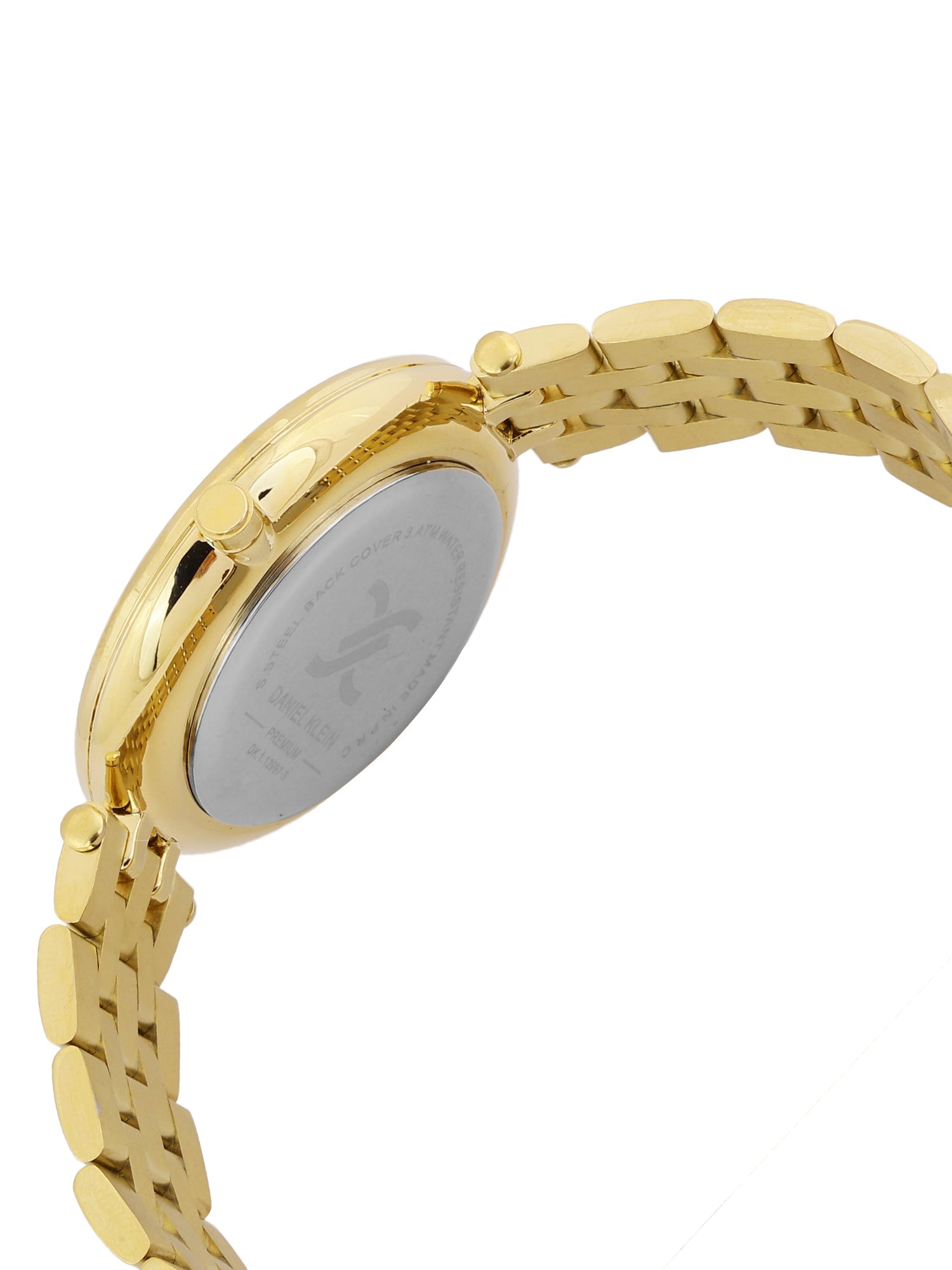 Daniel Klein gold women's watch showing articulated gold-tone stainless steel bracelet