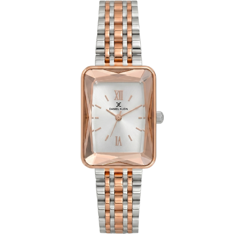 Daniel Klein rectangular women's watch with rose gold case and two-tone bracelet
