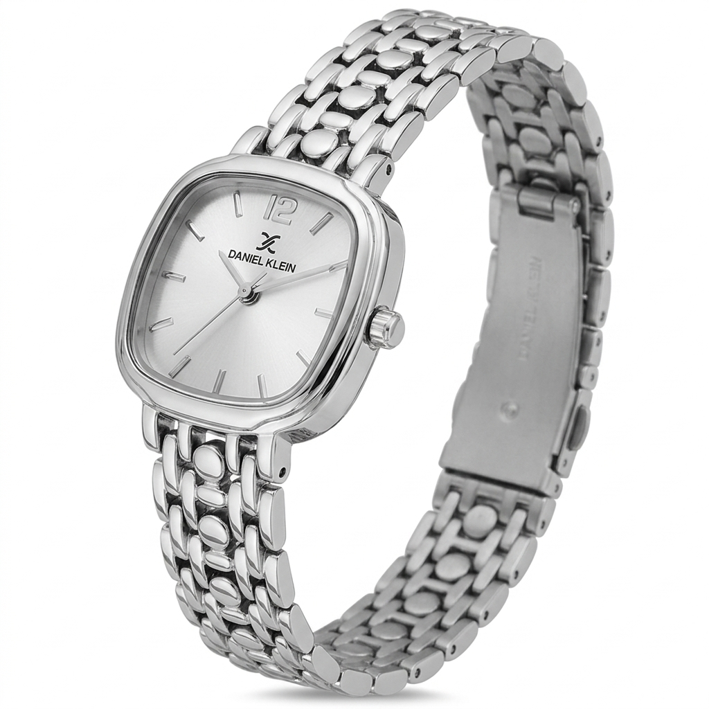 Angled view of Daniel Klein silver watch showing square case and metal bracelet