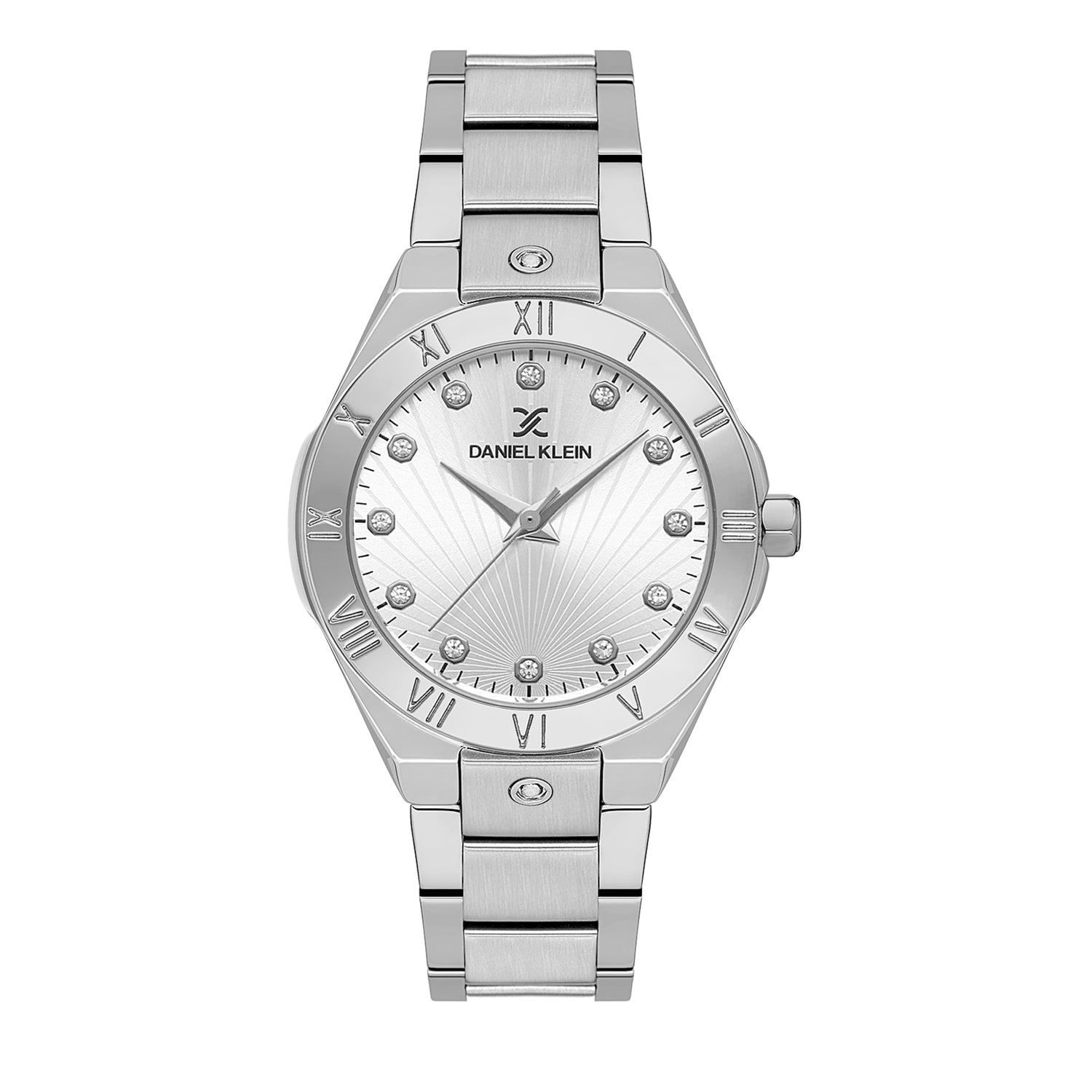 Daniel Klein Elite silver watch with three hands, diamond indices, and radial dial