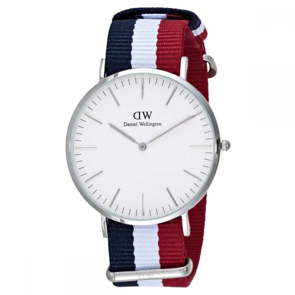 Daniel Wellington Cambridge 40mm silver watch with white dial and tricolour strap angled view