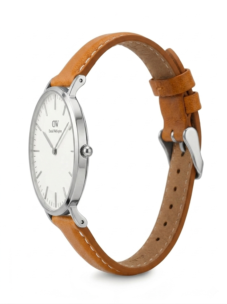 Daniel Wellington Classic Durham watch angled view showing silver case and tan leather strap