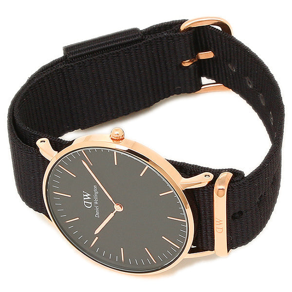 Side profile of Cornwall 36mm watch with black NATO strap and rose gold lugs
