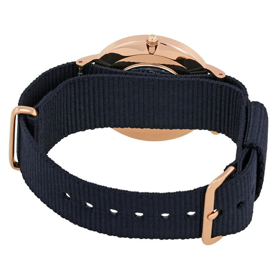 Black NATO strap with rose gold buckle and adjustment holes on Cornwall watch