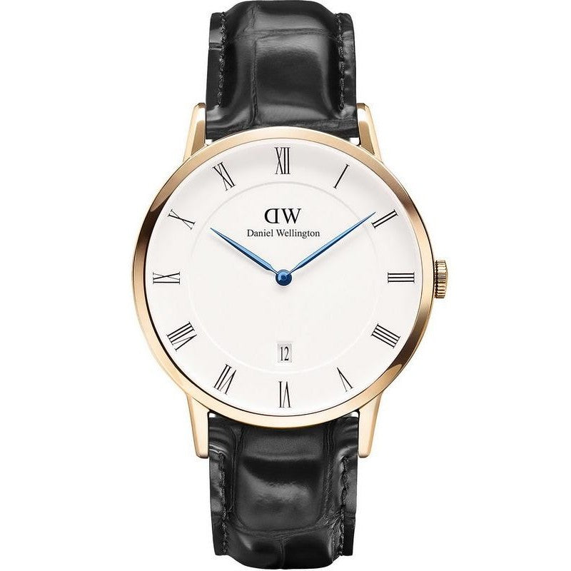 Daniel Wellington Dapper Reading 38mm White Dial Black Genuine Leather Gold Date Watch - DW00100107