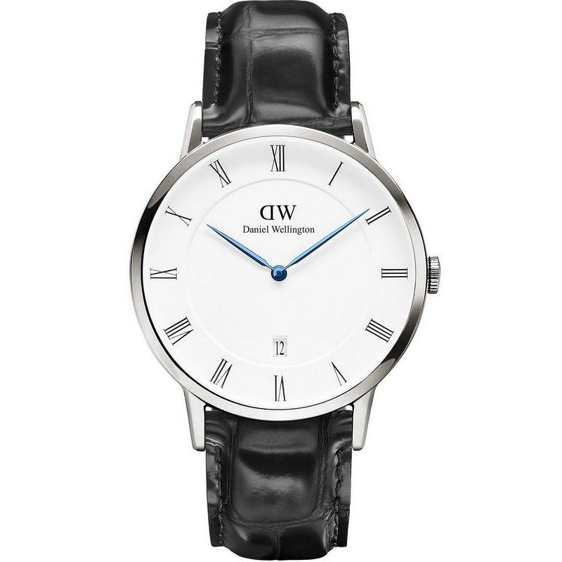 Daniel Wellington Dapper Reading 38mm silver watch with white dial and black leather strap