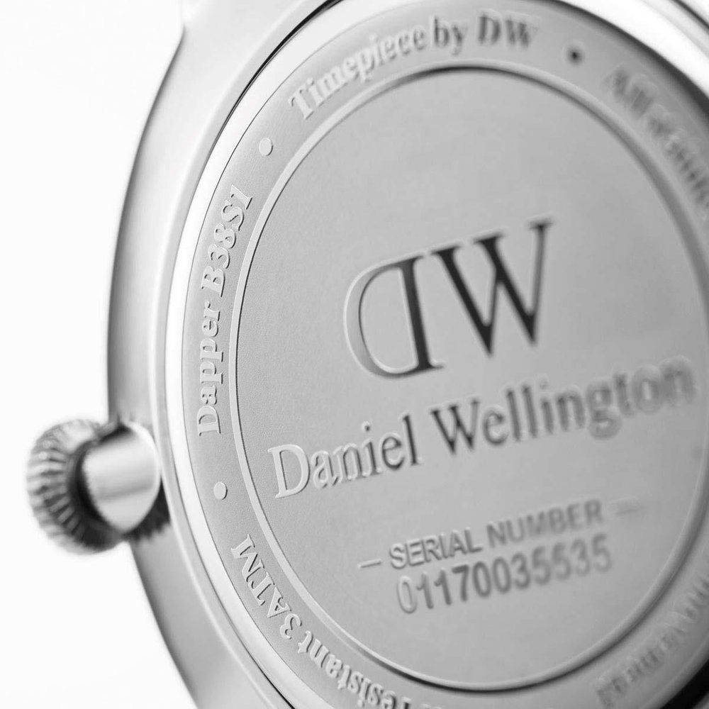 Daniel Wellington Dapper York caseback with engraved DW logo, serial number, and brand text
