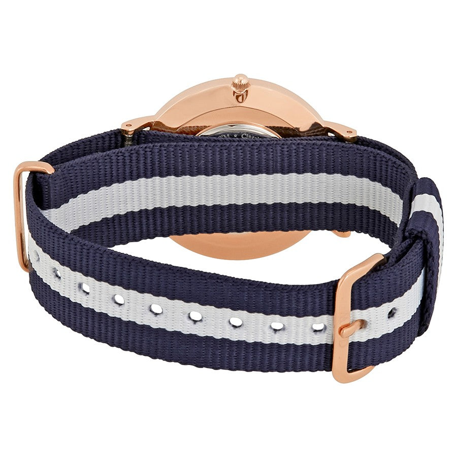 Back view of Glasgow watch showing rose gold caseback and interchangeable fabric strap