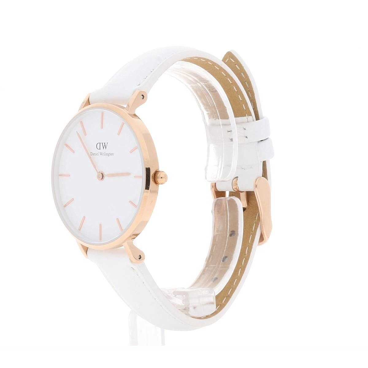Daniel Wellington Petite Bondi 32mm watch shown from side profile with white leather strap