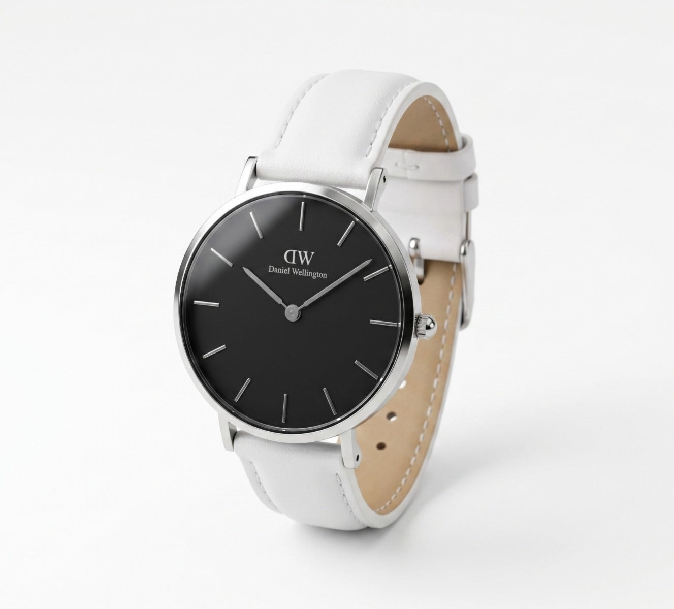 Daniel Wellington Petite Bondi watch angled view displaying black dial and silver case