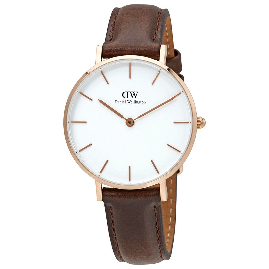 Daniel Wellington Petite Bristol 28mm White Dial Brown Genuine Leather Women's Watch - DW00100171