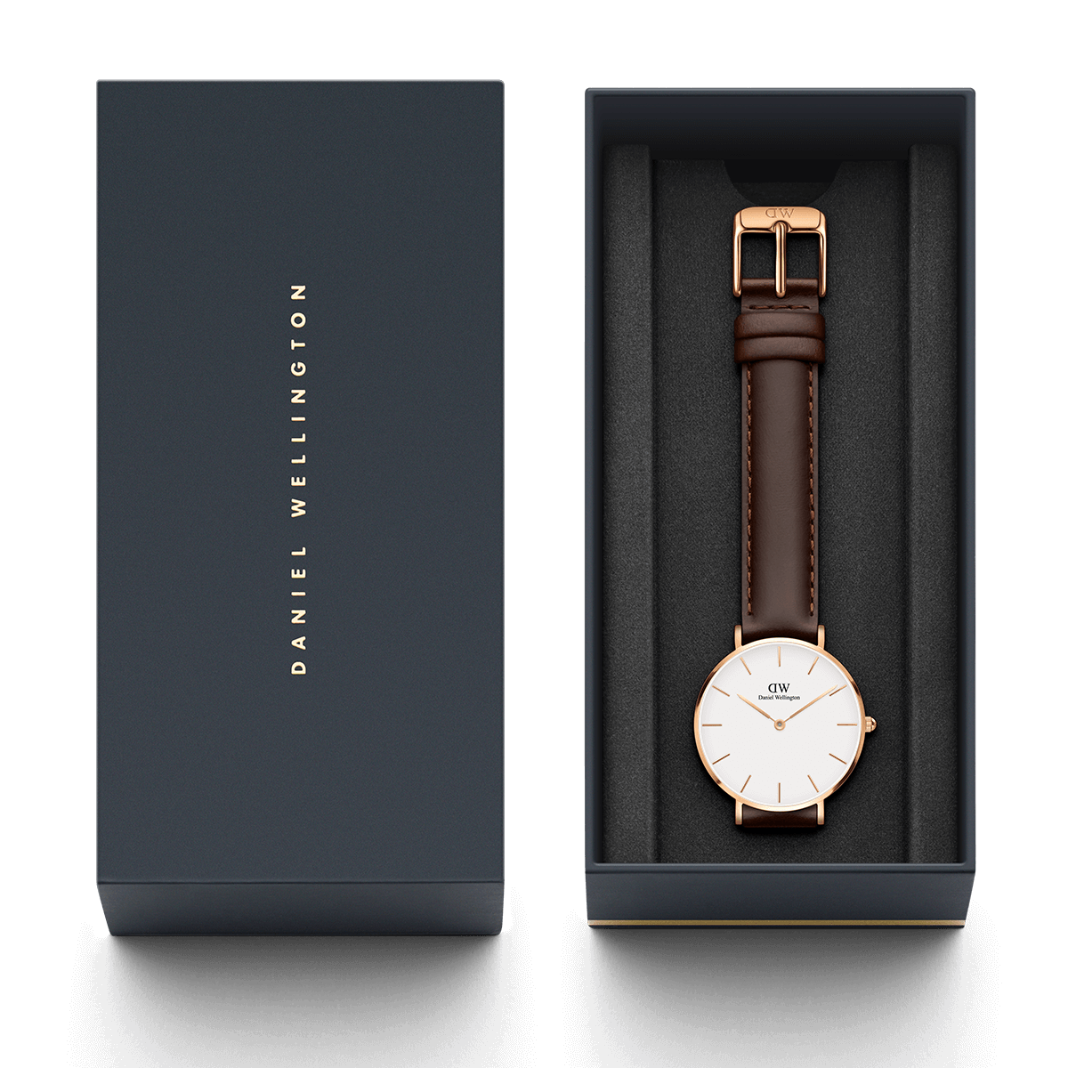 Daniel Wellington Petite Bristol watch in brand packaging with owner's guide