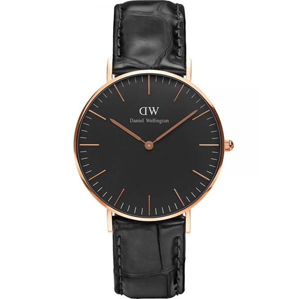 Daniel Wellington Reading 36mm Black Dial Genuine Leather Gold Watch - DW00100141