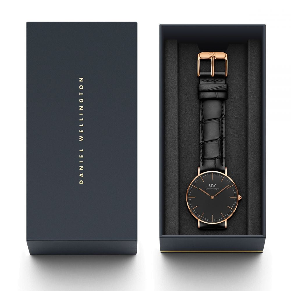 Daniel Wellington Reading 36mm Black Dial Genuine Leather Gold Watch - DW00100141