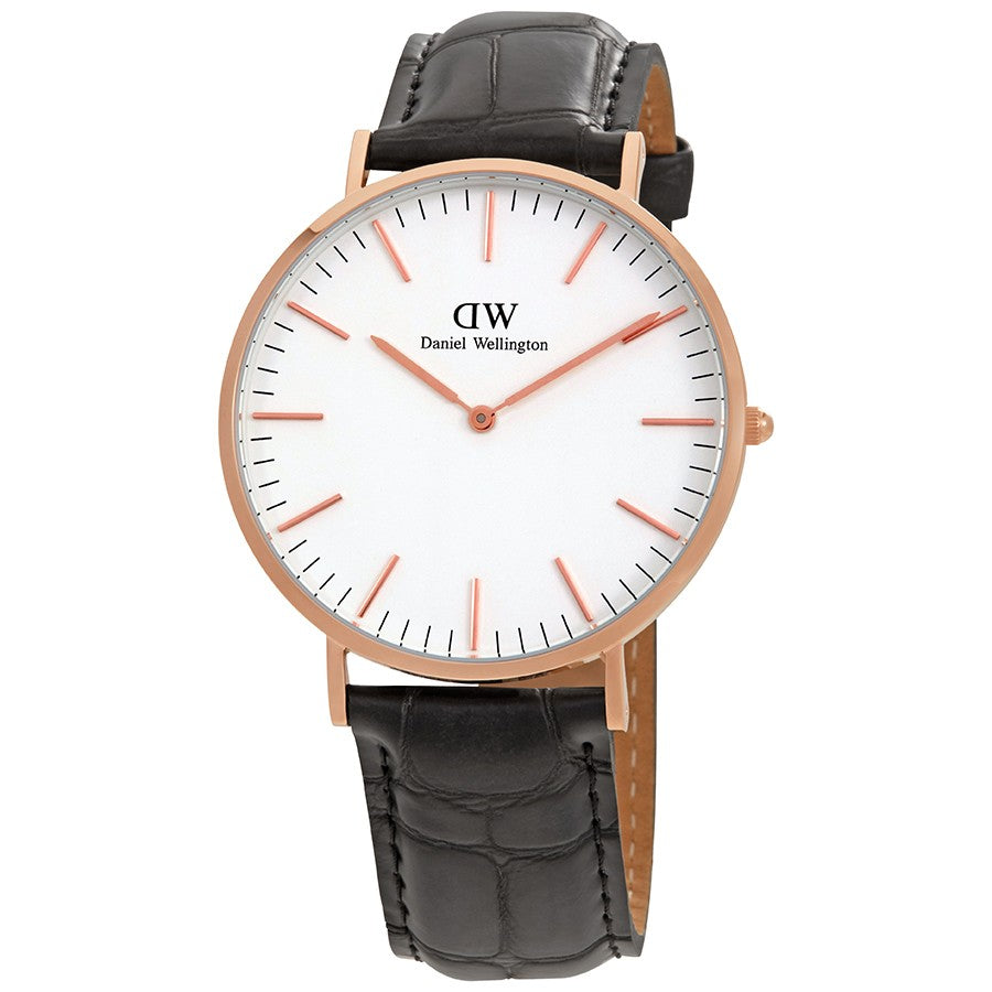 Daniel Wellington Reading 40mm White Dial Black Genuine Leather Gold Watch - DW00100014