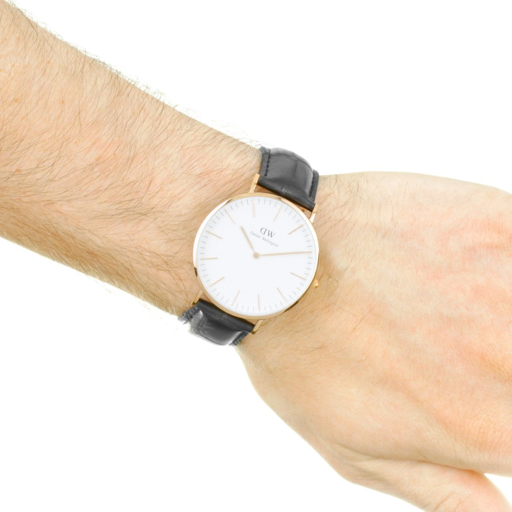 Daniel Wellington Reading 40mm White Dial Black Genuine Leather Gold Watch - DW00100014