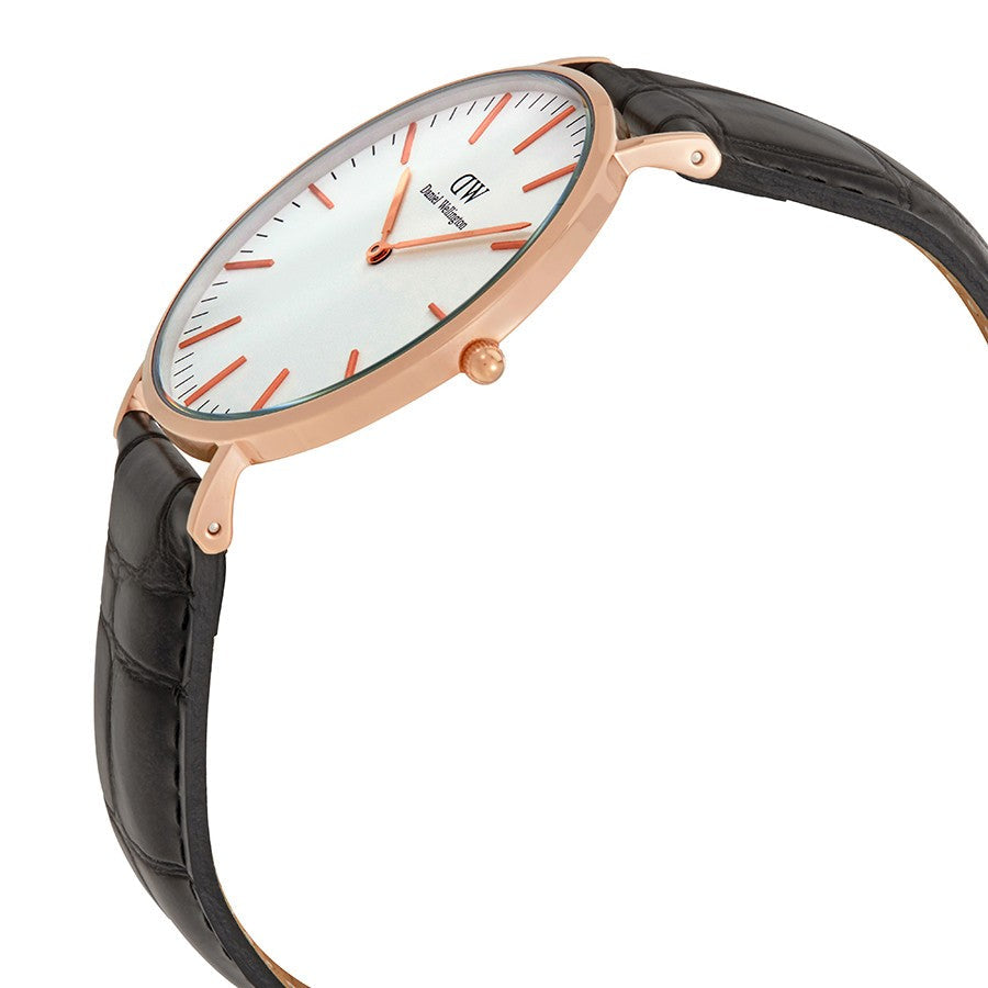 Daniel Wellington Reading 40mm White Dial Black Genuine Leather Gold Watch - DW00100014