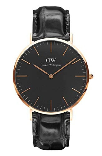 Daniel Wellington Reading 40mm Black Dial Genuine Leather Men's Gold Watch - DW00100129