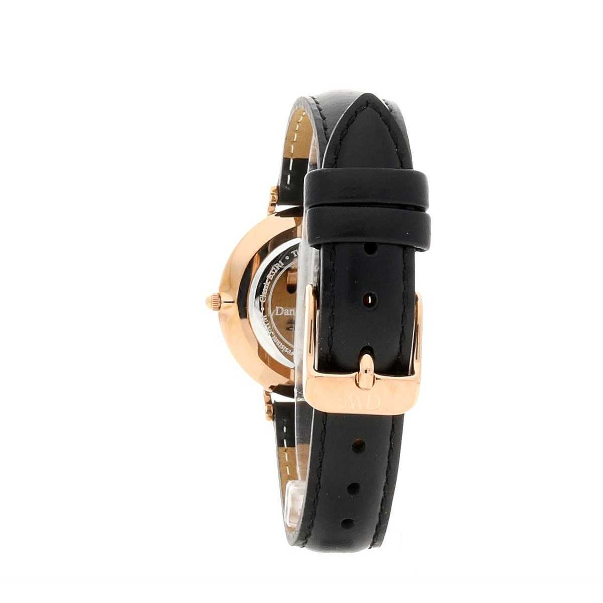 Daniel Wellington Sheffield watch side view with rose gold case and black leather strap