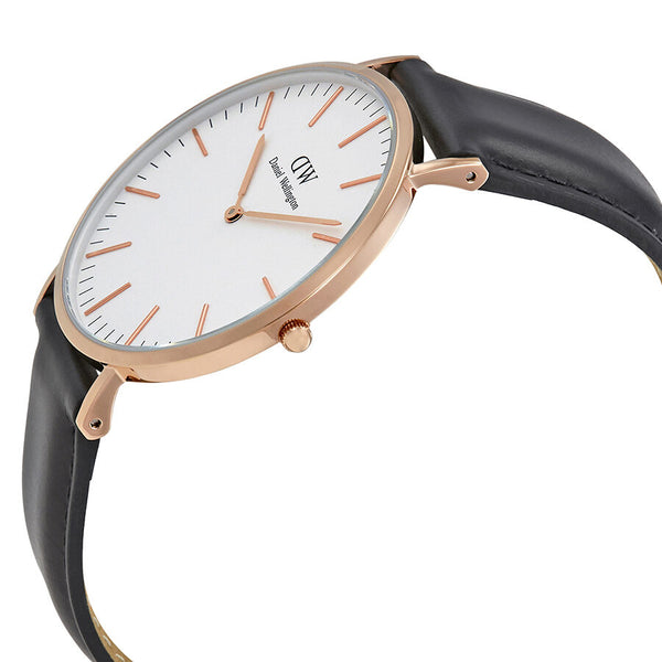 Daniel Wellington Sheffield 40mm White Dial Black Genuine Leather Men's Gold Watch - DW00100007