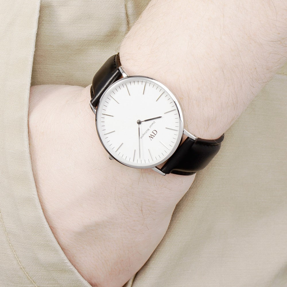 Daniel Wellington Sheffield 40mm White Dial Black Genuine Leather Men's Silver Watch - DW00100020