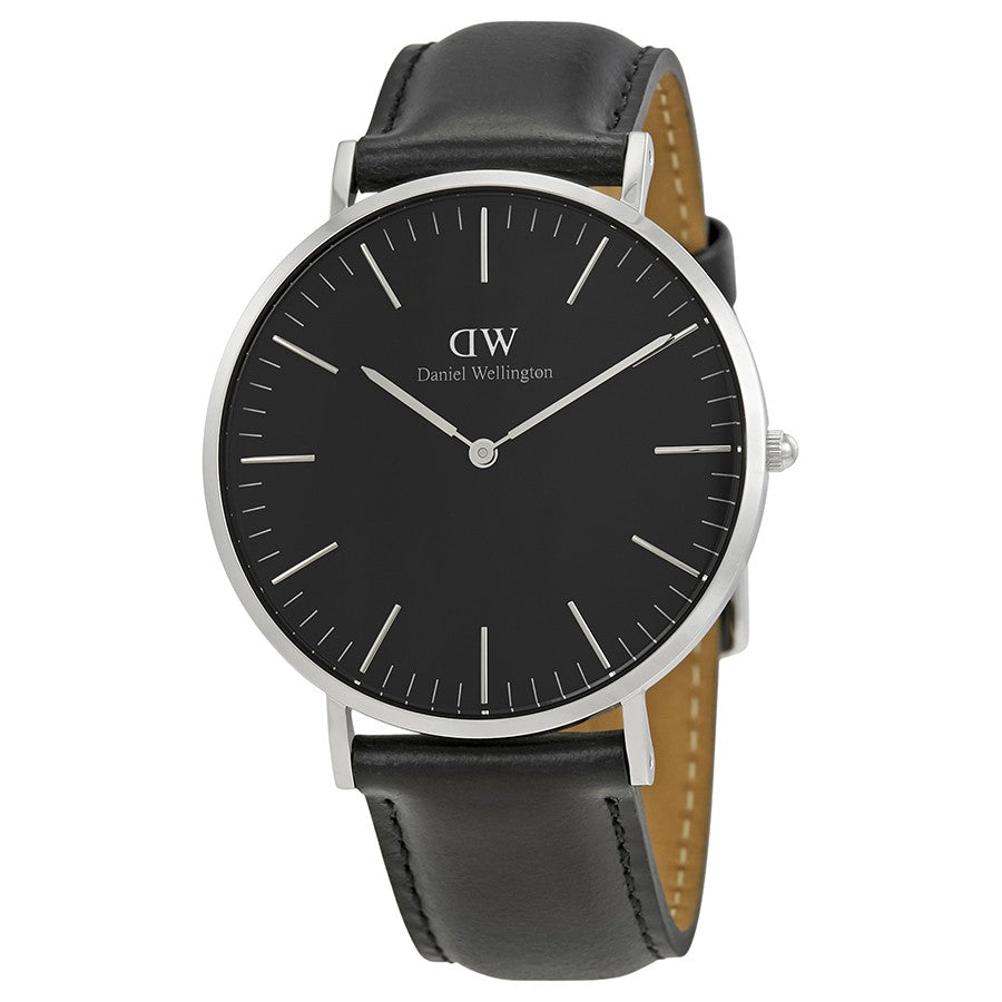Daniel Wellington Sheffield 40mm Black Dial Genuine Leather Men's Silver Watch - DW00100133