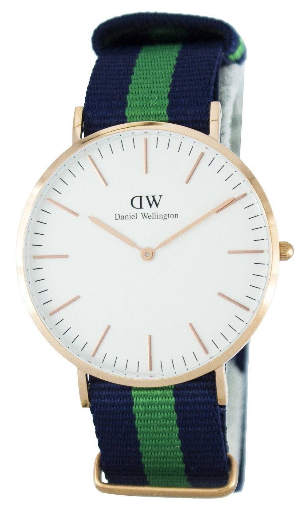 Daniel Wellington Warwick 40mm White Dial Blue & Green Nato Strap Men's Gold Watch - DW00100005