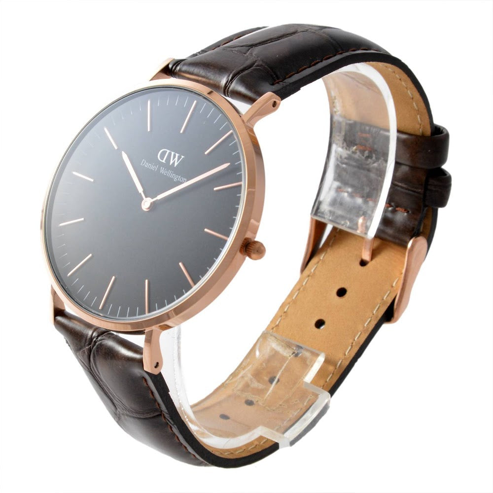 Daniel Wellington York 40mm Black Dial Black Genuine Leather Men's Gold Watch - DW00100128