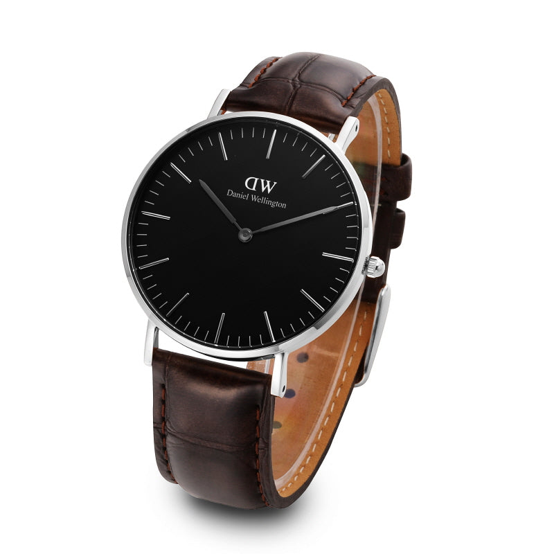 Daniel Wellington York watch angled view showing silver case and brown leather strap