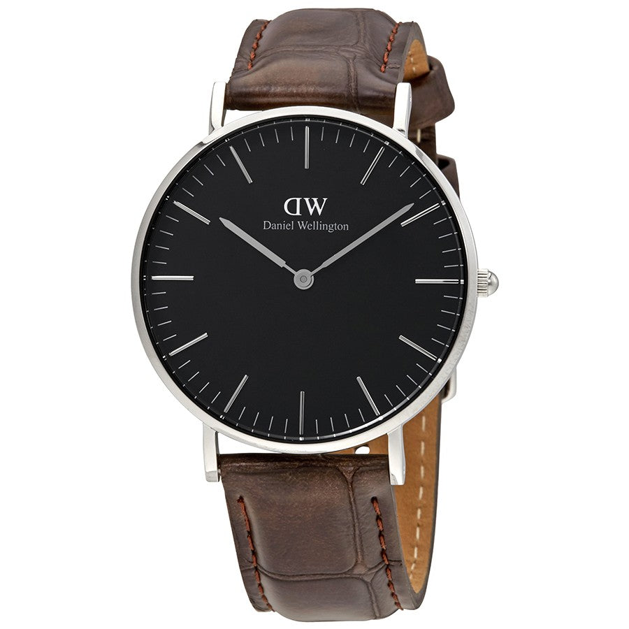 Daniel Wellington York 36mm silver watch with black dial and brown leather strap